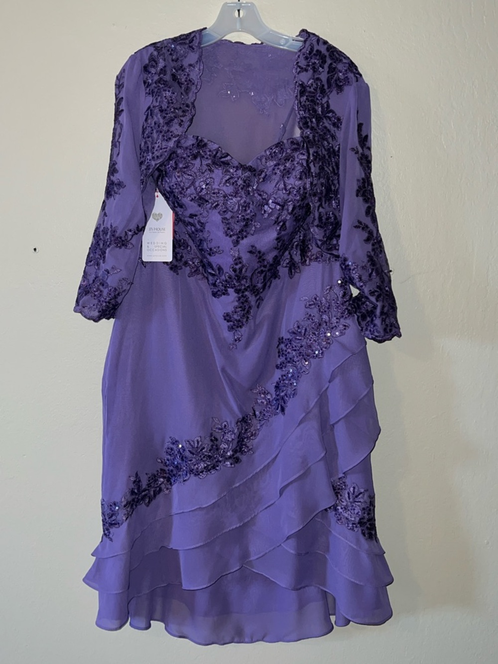 JJs House Violet Beaded Embroidered Long Sleeve Formal Dress